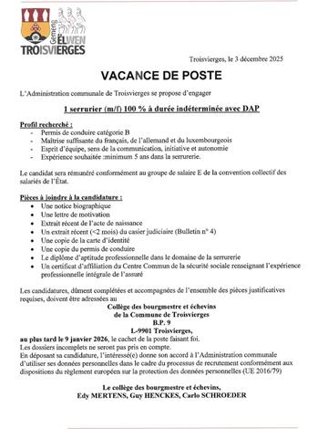 Vacance de poste - News