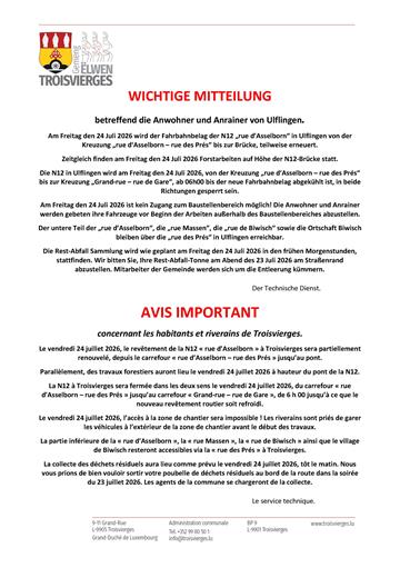 Informations pratiques - Barrage de la N12 "rue d'Asselborn" à Troisvierges 24/07/2026